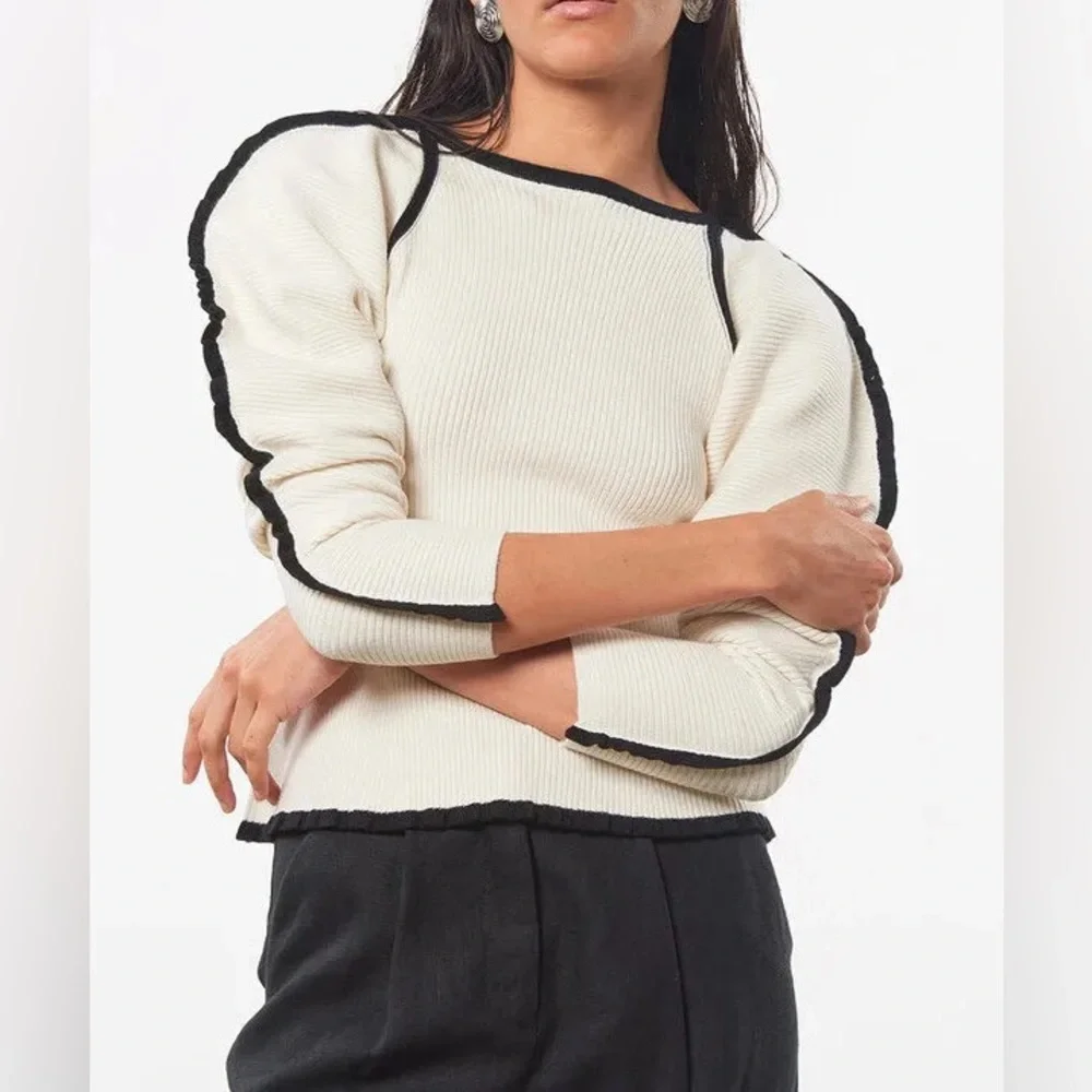 Mara Hoffman Nova Sweater in Ivory Ribbed Puff Sleeve Knit Stretch Pullover - Picture 1 of 7
